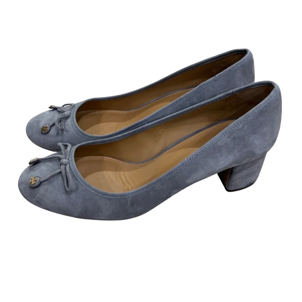 Tory Burch Laila Driver Pumps Gray Suede Gold Logo Block‎ Heel Round Toe sz 11